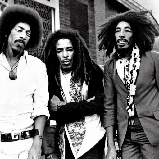 Image similar to Jimi Hendrix, Malcom X and Bob Marley