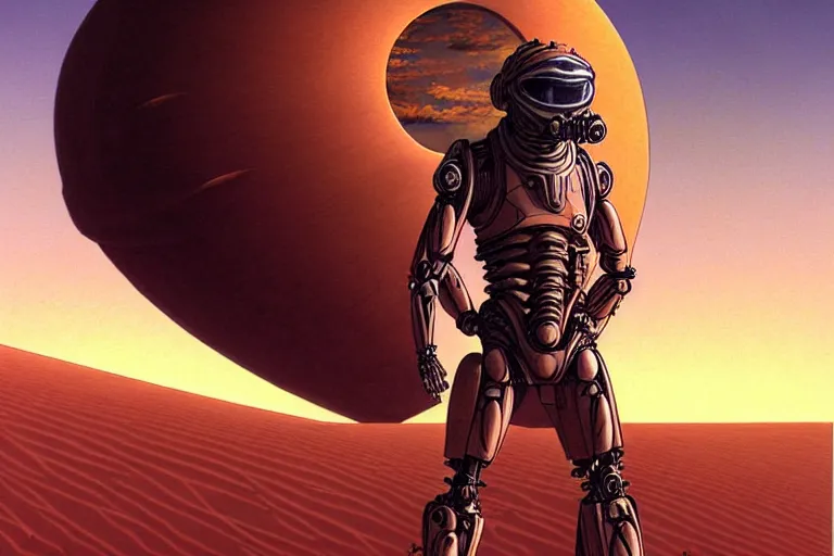 Prompt: man in a biomechanical suit with a breathing apparatus, wearing rags, suns set on a desert planet, a large monolithic vehicle sucks up sand, by moebius and artgerm, highly detailed, cloud nebula, concept art