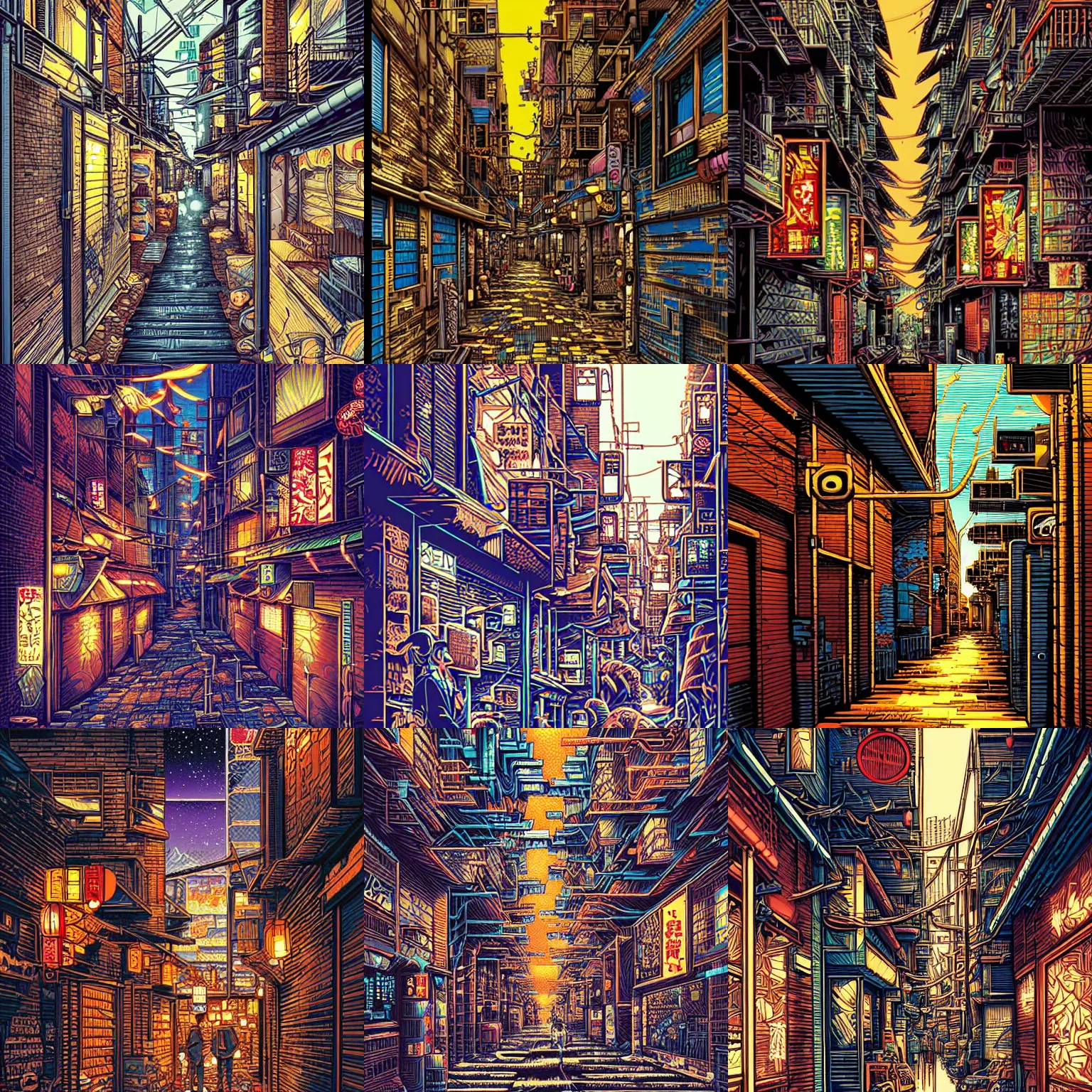 Prompt: tokyo alleyway by dan mumford, beautiful