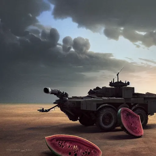 Prompt: Very very very very highly detailed Watermelon as military vehicle with epic weapons, on a battlefield in russian city as background. More Military vehicle less watermelon .Photorealistic Concept 3D digital art in style of Caspar David Friedrich, super rendered in Octane Render, epic RTX dimensional light