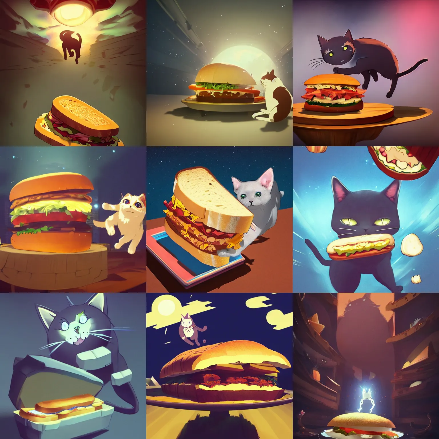 Prompt: a cat running away from a giant sandwich, artstation hq, dark phantasy, stylized, symmetry, modeled lighting, detailed, expressive, created by hayao miyazaki