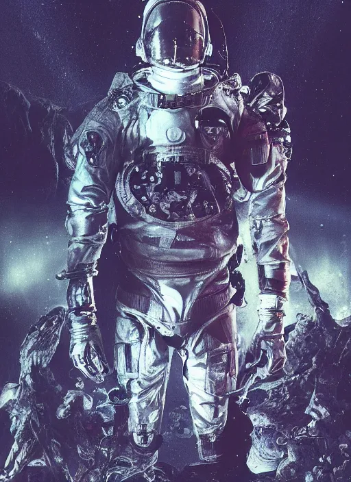 Image similar to astronauts in dark void underwater - complex and hyperdetailed technical suit. reflection and dispersion materials. rays and dispersion of light. volumetric light. f / 3 2. noise film photo. flash photography. ultra realistic, wide angle. poster by wayne barlowe, hajime sorayama aaron horkey, craig mullins