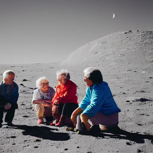 Image similar to an group of elderly people on the surface of the moon, 🌕, 🍦, eating ice - cream, canon eos r 3, f / 1. 4, iso 2 0 0, 1 / 1 6 0 s, 8 k, raw, unedited, symmetrical balance, wide angle