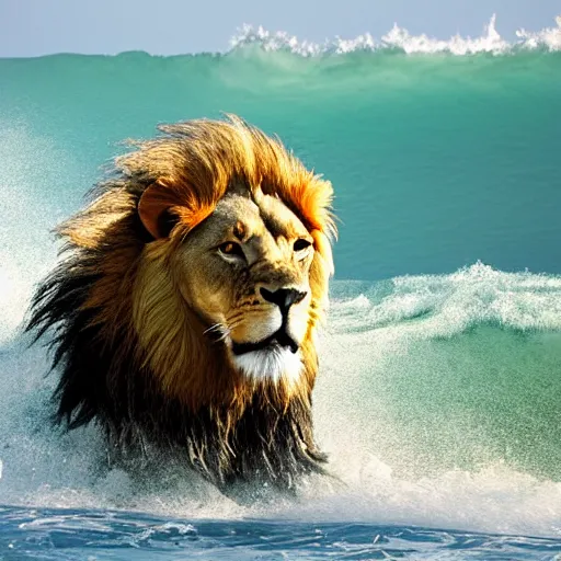 Image similar to a lion's face breaching through a wave