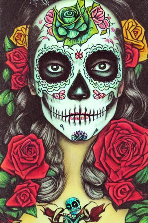 Image similar to Illustration of a sugar skull day of the dead girl, art by Kelly Freas