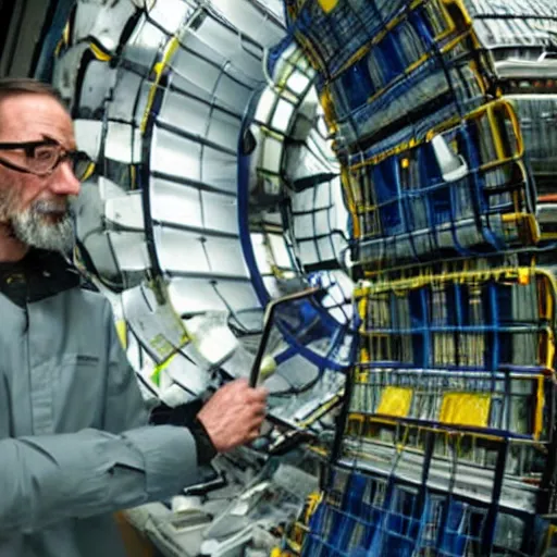 Prompt: a photograph of Gordon Freeman at work at the Large Hadron Collider