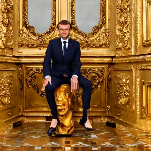 Prompt: emmanuel macron is sitting on the golden toilet, his trousers is down on his feet, detailed photography, 5 0 mm lens,