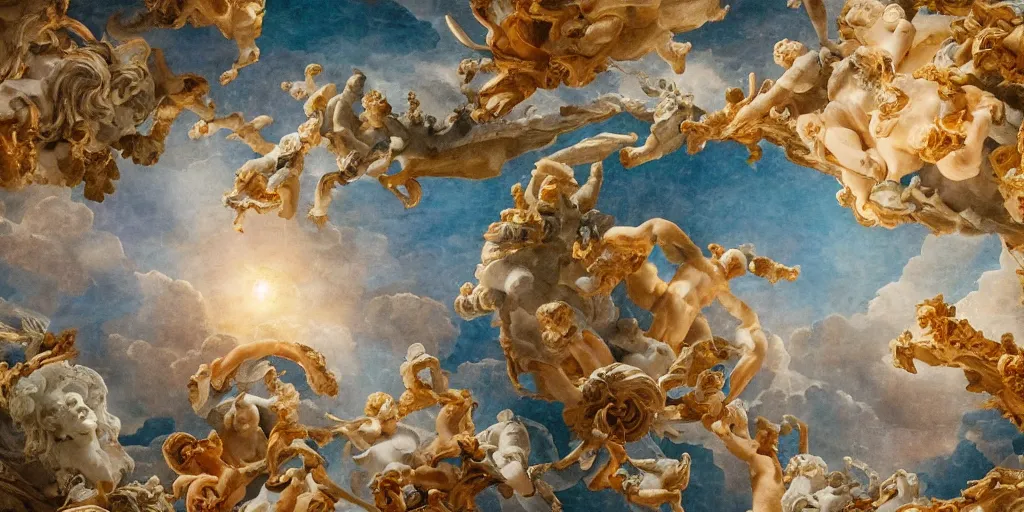 Prompt: tilt shift, prismatic, italian masterpieces, painted marble sculptures, baroque, beautiful, gracious, pagans, marble, clouds, sun, fruits, bioluminescent skin, ultra detailed