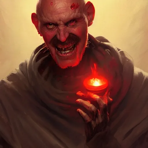 Image similar to portrait of a red bald man with black eyes and a black smile, horror, glowing eyes, by Stanley Artgerm Lau , greg rutkowski, thomas kindkade, alphonse mucha, loish, norman rockwell. Trending on artstation detailed illustration hd 4k