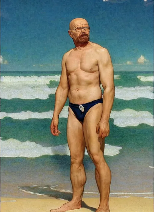 Image similar to portrait Walter White as sea lifeguard on the beach, full length shot, shining, 8k highly detailed, sharp focus, illustration, art by artgerm, mucha, bouguereau