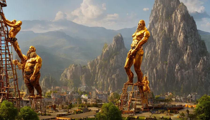 Prompt: dwarves building a giant golden statue with scaffolding in the heart of green mountains,, hyperdetailed, artstation, cgsociety, 8 k