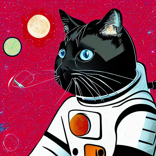 Prompt: digital painting of side view of black astronaut cat in the middle of the space, vector, adobe illustrator, patchwork, tiling, texture