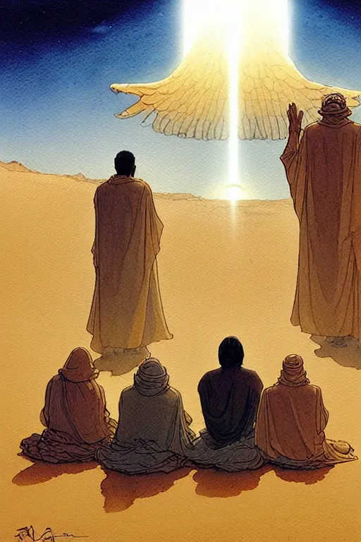 Image similar to a hyperrealist watercolour character concept art portrait of a group of middle eastern men kneeling down in prayer in front of a giant angel on a misty night in the desert. a ufo is in the background. by rebecca guay, michael kaluta, charles vess and jean moebius giraud