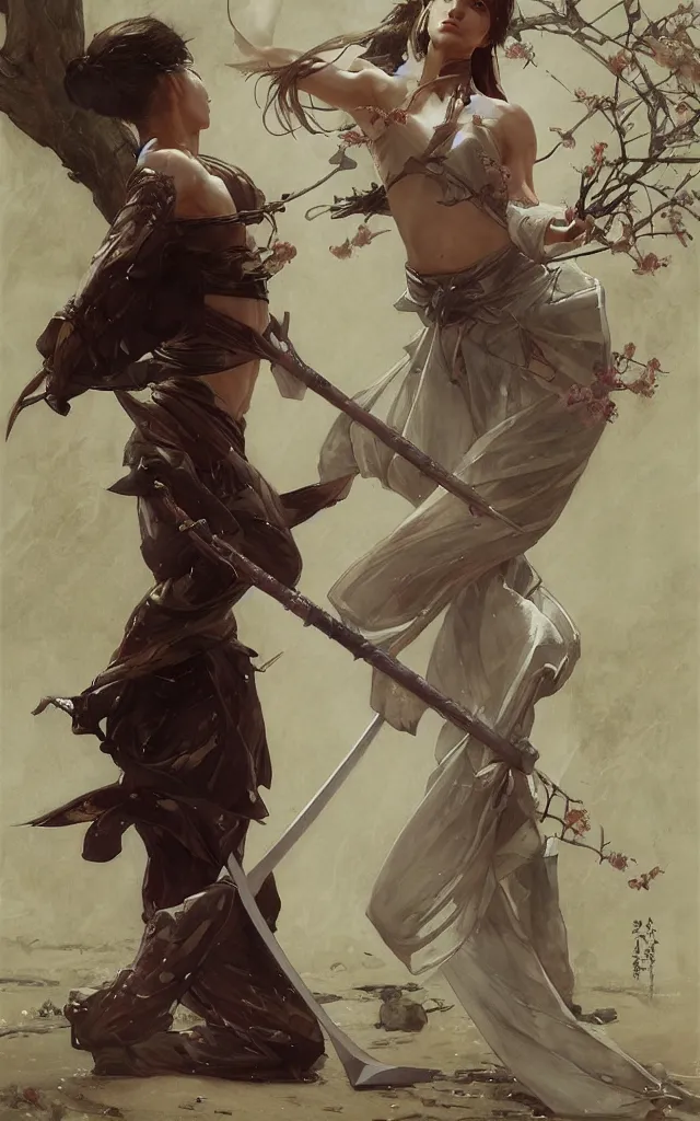 Prompt: modern elegant female ninja samurai, with large sword, feminine, powerful, beautiful, upper body, muscular arms and abdominals, wide leg hakama trousers, highly detailed, sakura tree petals, by gaston bussiere, mucha, gerome, craig mullins, greg rutkowski,