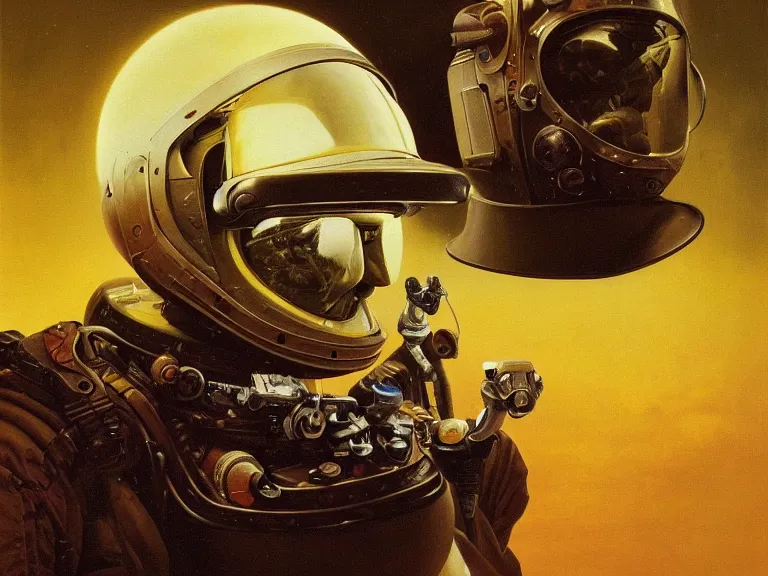 Image similar to a detailed profile oil painting of pilot in a spacesuit with reflective visor, flight suit, portrait symmetrical and science fiction theme with aurora lighting by beksinski carl spitzweg and tuomas korpi. baroque elements, full-length view. baroque element. intricate artwork by caravaggio. Trending on artstation. 8k