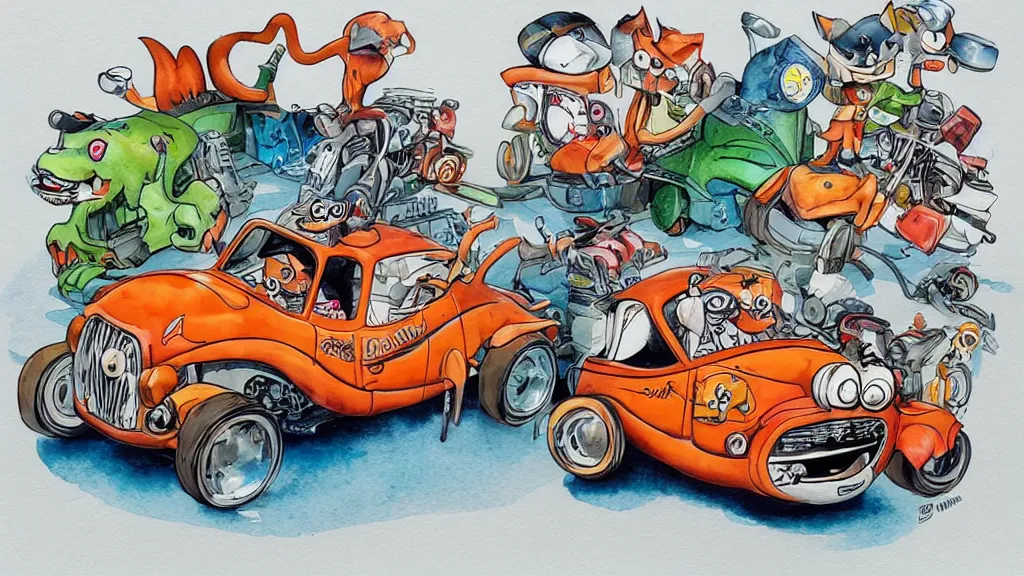 Image similar to cute and funny, racoon riding in a tiny hot rod coupe with oversized engine, ratfink style by ed roth, centered award winning watercolor pen illustration, third person isometric illustration by chihiro iwasaki, edited by range murata