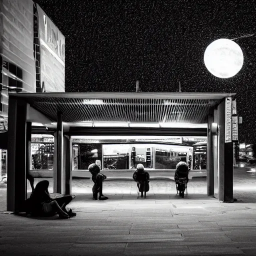 Prompt: a some people waiting in a lone bus stop in quiet dark city night at nowhere planet, high quality, high resolution,detailed