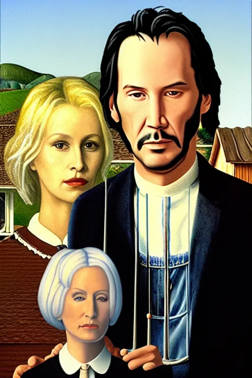 Image similar to painting of Keanu Reeves and Dolly Parton as the couple in American Gothic in the style of Grant Wood