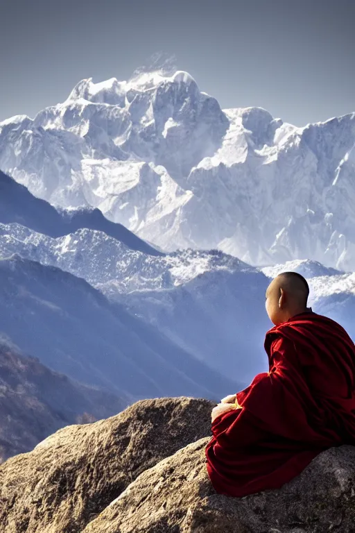 Image similar to A monk with his back to the camera sits beside a rock on the top of a mountain, looking at the snowy Himalayas in the distance, faith,4k, realistic,photography,landscape,high contrast,trending on artstation.