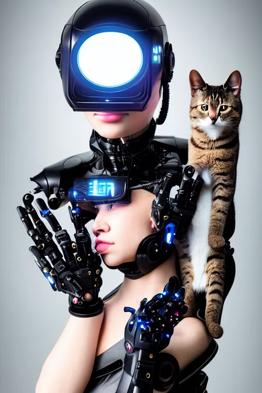 Image similar to cybernetic high tech catgirl with a cat on her head, sci - fi, cyberpunk, futurism, exoskeleton, strong artificial intelligence, symmetry, cinematic, elegant, luxury, professional studio light, perfect composition, dlsr photography, sharp focus, 8 k, ultra hd, sense of awe, highly detailed, hyper realistic, intricate, science journal cover