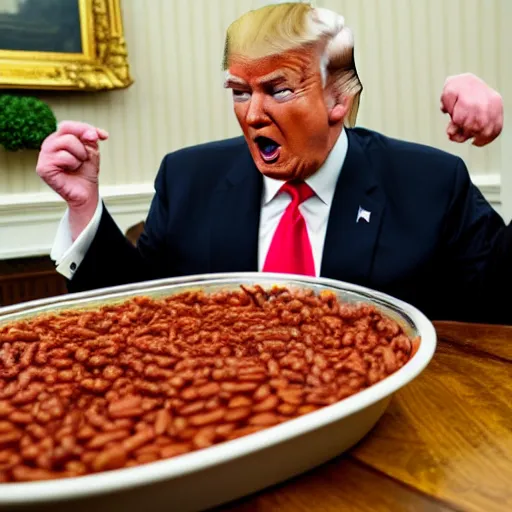 Prompt: donald trump eating baked beans in the white house