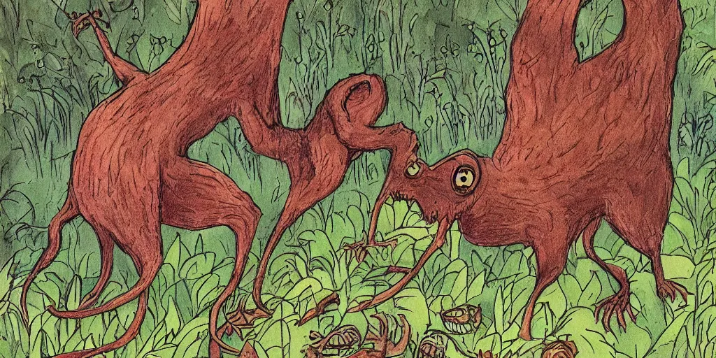 Prompt: detailed illustration, “A terrifying and evil creature found in the Australian bush in the style of May Gibbs”,