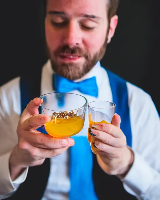 Prompt: photography of a fancy gentleman eating a toast with blue liquid spread over it,