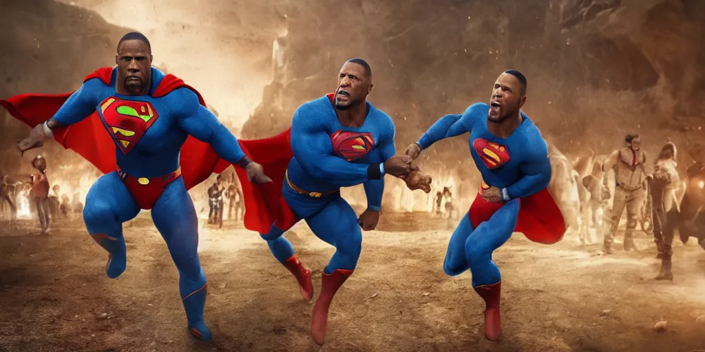 Image similar to kevin hart beating up the dwayne johnson in a superman costume, masterpiece, highly detailed, high quality, 4 k, anatomically correct, hyperrealistic, concept art, octane render, unreal engine 5, trending on artstation, trending on deviantart, matte, historical painting, fantasy style, path traced, high coherence, soft lighting, digital painting, mythical