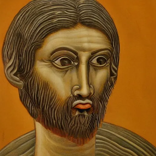 Prompt: portrait of mindless ancient greek man with big eyes and sharp nose and open mouth. fine detail. artistic painting by lurid