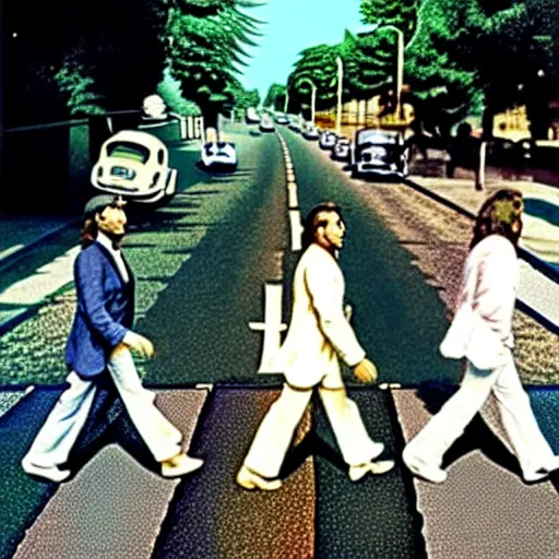 Prompt: abbey road with the three stooges instead of the beatles,