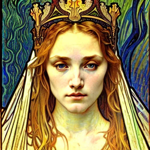 Image similar to detailed realistic beautiful young medieval queen face portrait by jean delville, alphonse mucha, vincent van gogh, and marco mazzoni, art nouveau, symbolist, visionary, gothic, pre - raphaelite