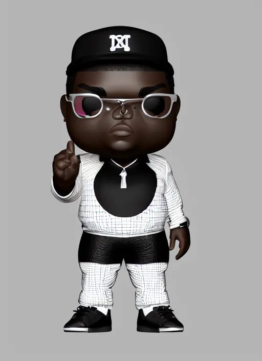 Prompt: full body 3 d render of notorious big as a funko pop, studio lighting, white background, blender, trending on artstation, 8 k, highly detailed