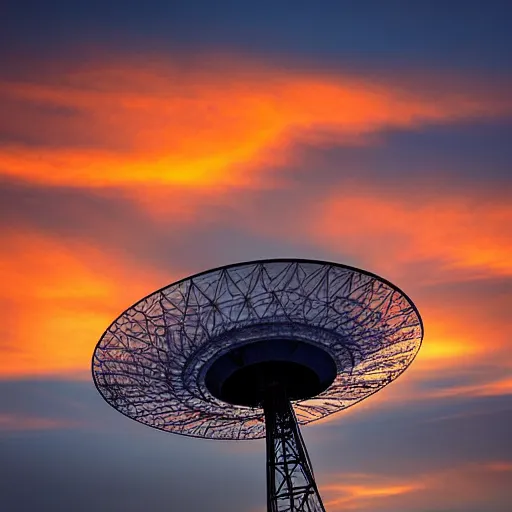 Prompt: Jodrell Bank radio telescope dish at sunset photographed across the Cheshire plane with a telephoto lens