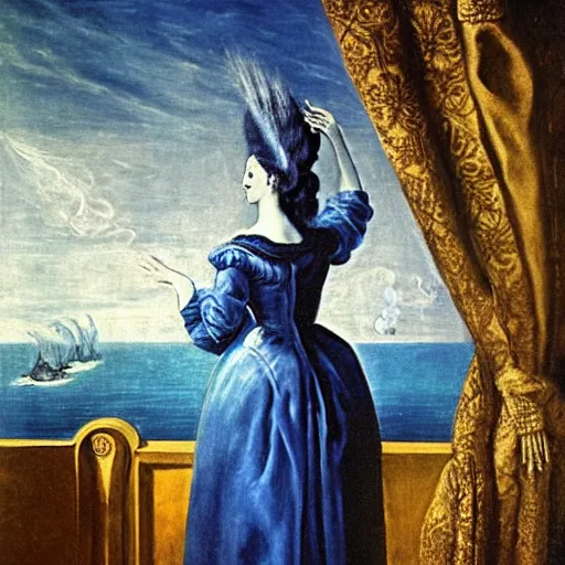 Image similar to Marie Antoinette levitating over the sea. El Greco, Remedios Varo, Salvador Dali, Carl Gustav Carus, John Atkinson Grimshaw. Blue tint. Symetrical, logo, geometric shapes.