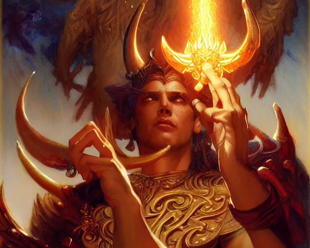 Image similar to attractive male deity, casting demonic magic, summoning handsome lucifer morning star. highly detailed painting by gaston bussiere, craig mullins, j. c. leyendecker 8 k