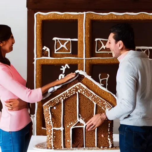 Image similar to real estate agent showing couples through the inside of houses made out of gingerbread