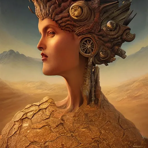 Image similar to a hyperrealistic illustration of a monster covered in sand, desert with rocks with fractal sunlight, award-winning, masterpiece, in the style of Tom Bagshaw, Cedric Peyravernay, Peter Mohrbacher