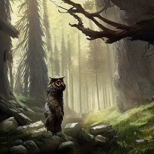 Prompt: three quarter portrait of an owlbear in the forest, d & d, fantasy, greg rutkowski