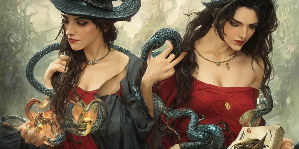 Image similar to red hat wizard woman with snakes in her dark hair, hydra, deep focus, intricate, elegant, highly detailed, photorealistic rendering, sharp focus, illustration, hearthstone, art by artgerm and greg rutkowski and alphonse mucha