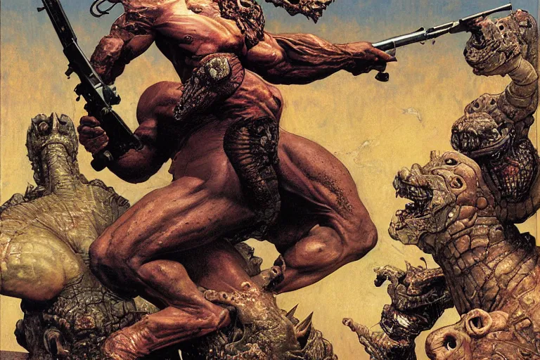 Prompt: portrait of morgan aste as the punisher blasting a lizard beast with a shotgun by lawrence alma - tadema and zdzislaw beksinski and norman rockwell and jack kirby and tom lovell and greg staples