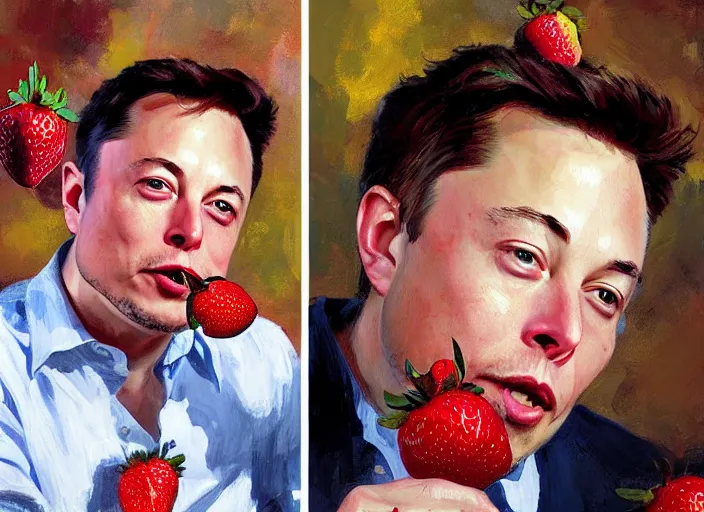 Prompt: a highly detailed beautiful portrait of elon musk with a strawberry, by gregory manchess, james gurney, james jean