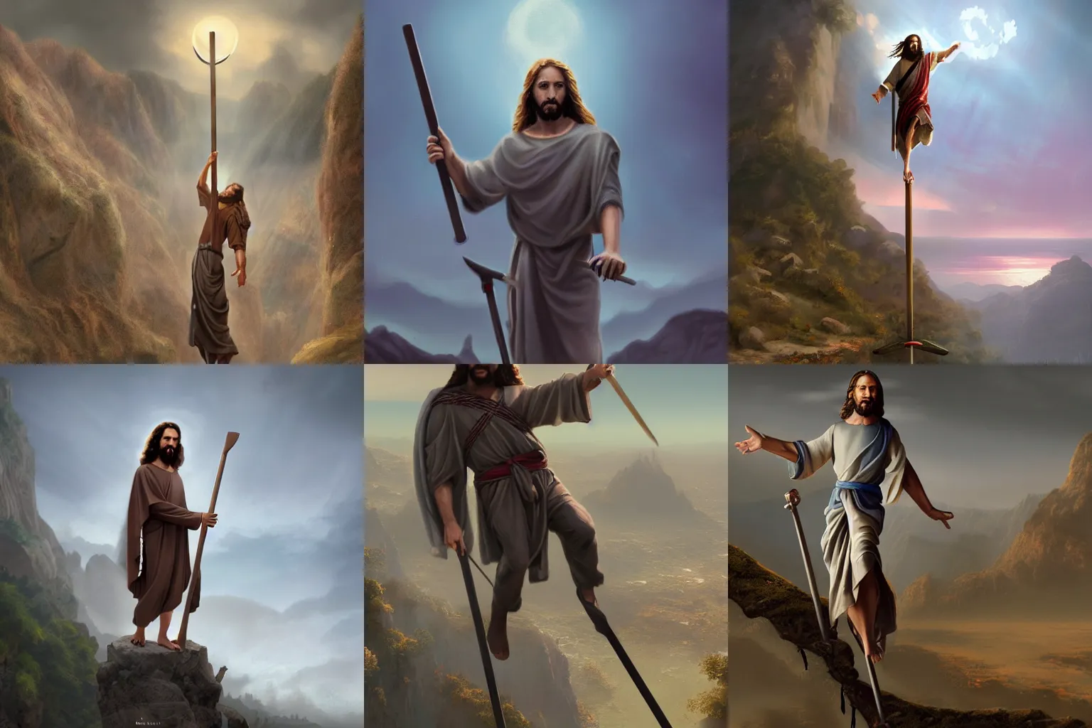 Prompt: a beautiful matte painting of jesus on a pogo stick, trending on artstation, cinematic, ultradetailed