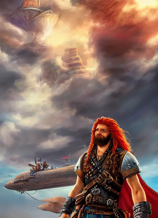 Image similar to An epic fantasy comic book style portrait painting of a long haired, red headed male sky-pirate in front of an airship in the style of the wheel of time, unreal 5, DAZ, hyperrealistic, octane render, cosplay, RPG portrait, dynamic lighting