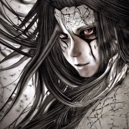 Prompt: yoshitaka amano realistic three quarter angle illustration of an anime girl with black eyes, wavy white hair fluttering in the wind and cracks on her face wearing elden ring armour with engraving, abstract black and white patterns on the background, noisy film grain effect, highly detailed, renaissance oil painting, weird portrait angle, blurred and dreamy old photo