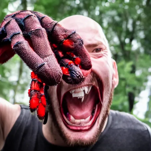 Prompt: jeremy albertson unhinging his jaw and transforming into a giant enemy spider 4 k