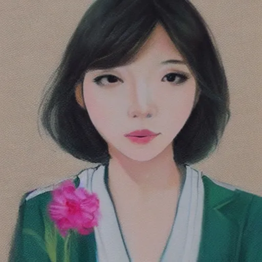 Image similar to a pretty young girl of 2 5, japanese, with big eyes, short shoulder - length hair and a suit ， paintingby sam yang and trnyteal