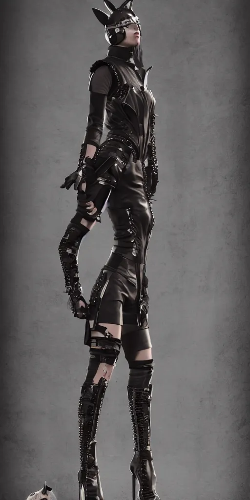 Image similar to haute couture, clothing setting for future female warrior, model standing pose, futurism, vest, leather coat, shorts, boots, electronic cat ears, cyberpunk style, render by octane and blender, hyper realistic, hyper detailed