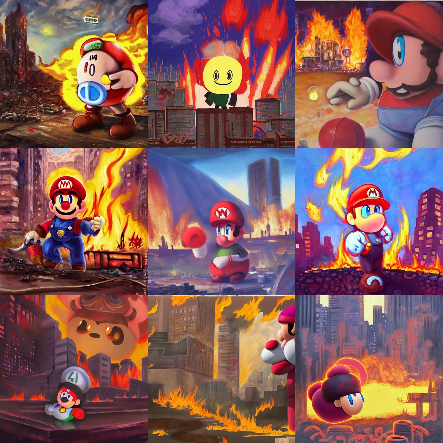 Prompt: Claude Money painting of nintendo kirby overlooking a burning ruined city