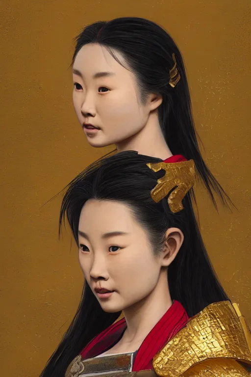 Image similar to realistic detailed painting of Mulan wearing sculpted textured golden armor, close her eye, battle damage, intricate complexity, close-up of the front of the face, super sophisticated texture, resolute expression, back lighting, 4K resolution, symmetric, clear facial features, golden ratio, by Ruan Jia and Mandy Jurgens and William-Adolphe Bouguereau, Karol Bak, smooth, sharp focus, rich deep colors, Unreal Engine 5, digital render, intricate, ultra realistic, concept art,