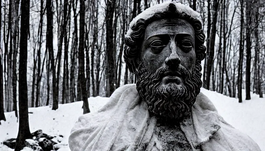 Prompt: 1 9 6 0 s movie still close up of marcus aurelius in emperor clothes frozen to death by the side of a river, pine forests, cinestill 8 0 0 t 3 5 mm b & w, high quality, heavy grain, high detail, texture, dramatic light, anamorphic, hyperrealistic, detailed hair, foggy